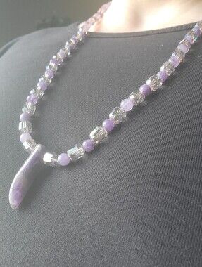 Amethyst Pendant & Lavender Beaded Genuine Crystal Necklace - Artisan Handmade